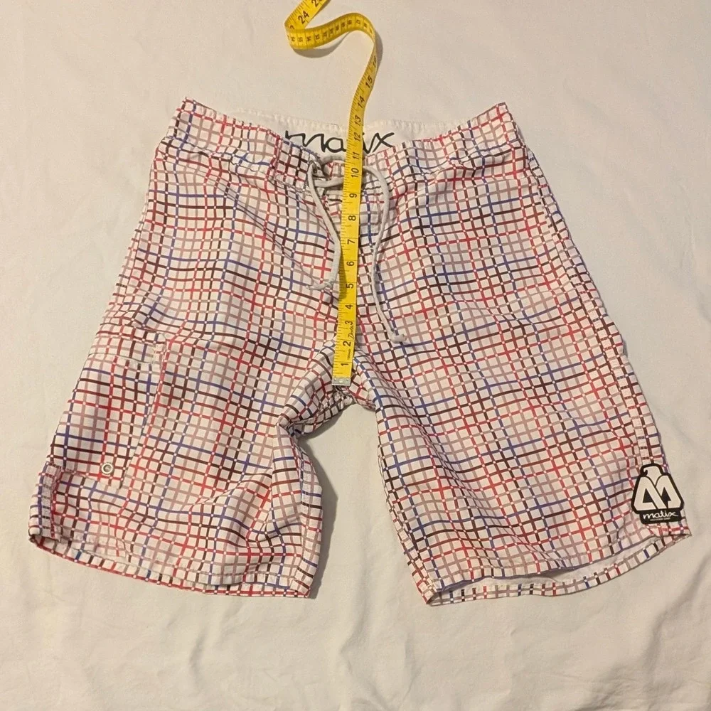 Matix Mens Board Shorts Size 32 White Red Blue Grid Plaid Swim Trunks Surf
